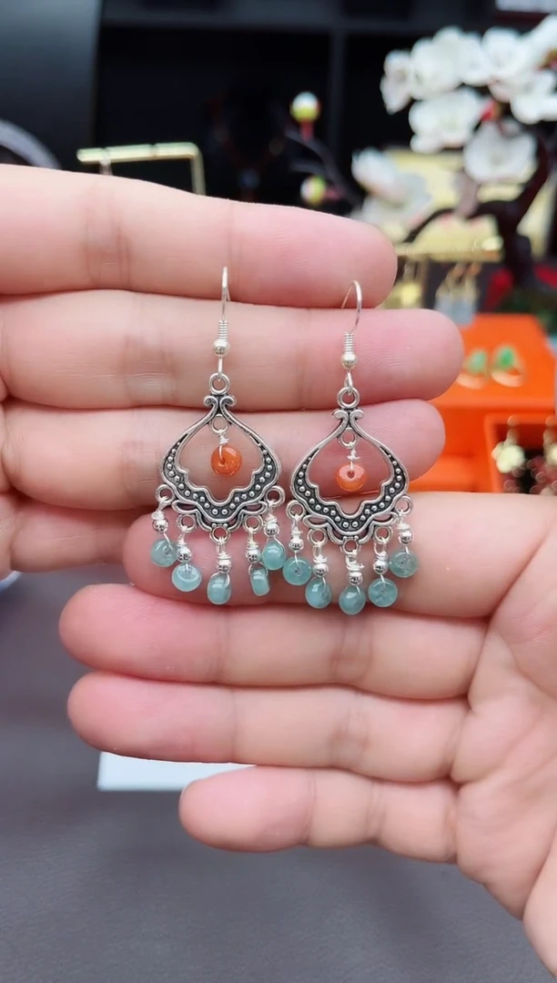 翡翠银S925镶嵌耳饰432000