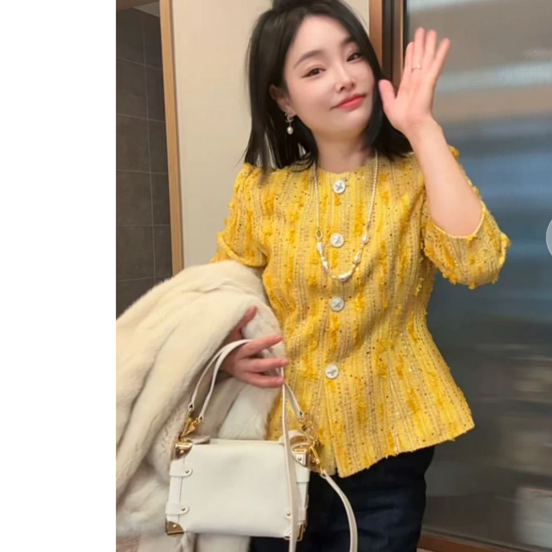 2025黄色收腰显瘦小香风洋气外套