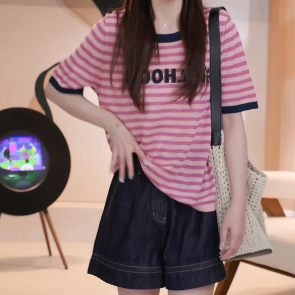 复古时尚薄款慵懒风休闲撞色领条纹字母针织衫女2025夏季上衣