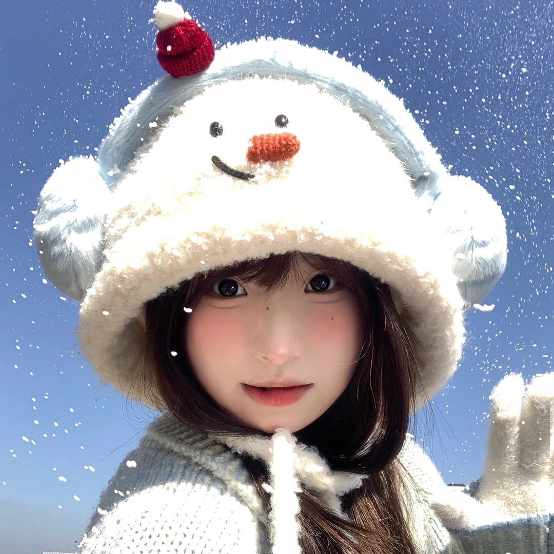 可爱毛绒卡通雪人针织雷锋帽子女秋冬大头围保暖毛线帽护耳套头帽