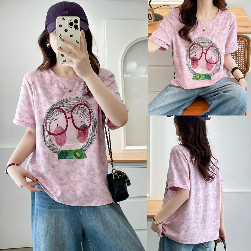 大码女装棉质夏季短袖宽松水墨印花圆领T恤洋气休闲韩版上衣5139