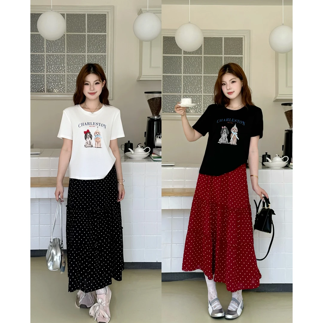 裂渡宣宣【涂鸦色彩】微胖大码女秋印花T恤+韩系半身裙套装ZY505F47