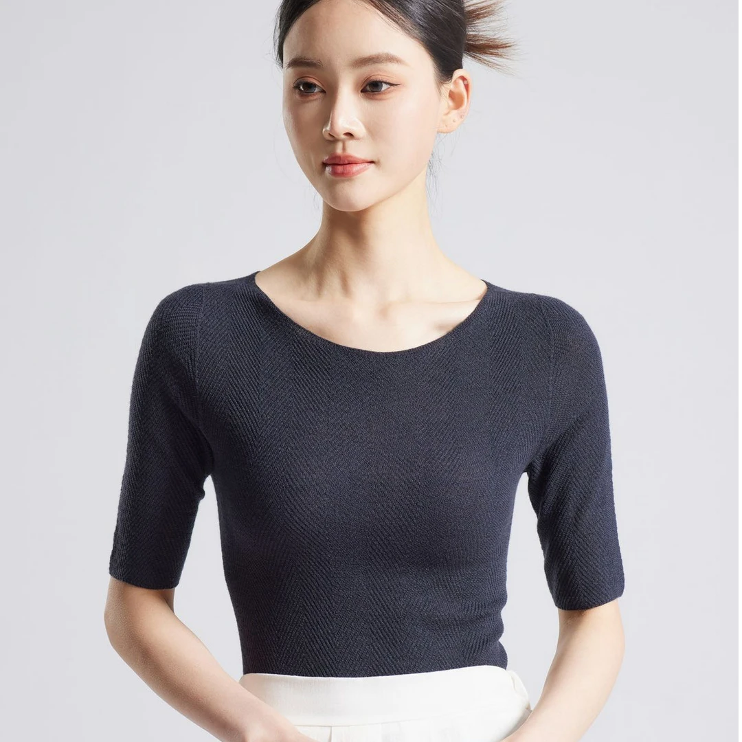 【山羊绒桑蚕丝羊毛】精纺60支鱼骨纹低圆领无缝半袖6605针织上衣