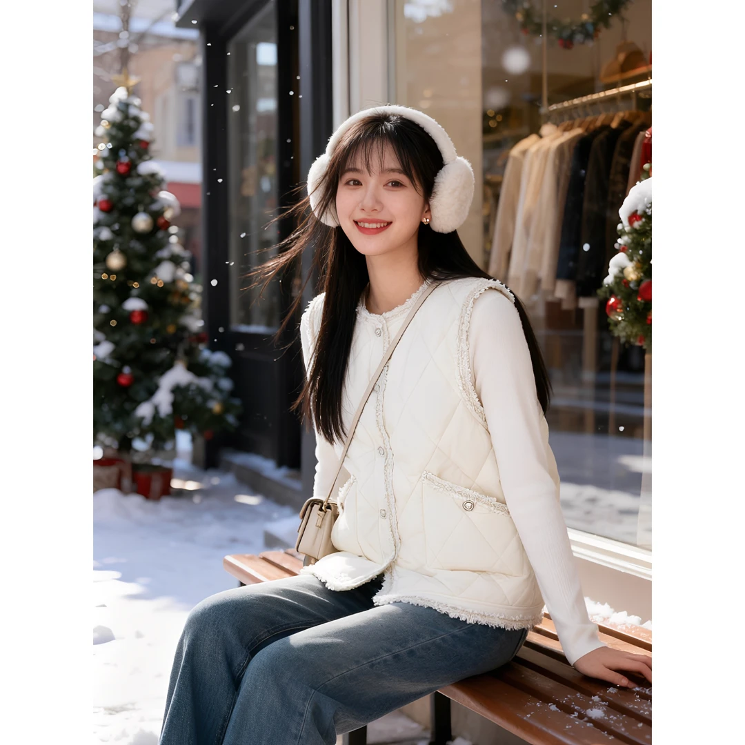 大码女装 胸110-134加绒加厚仿兔毛小香风马甲7014#