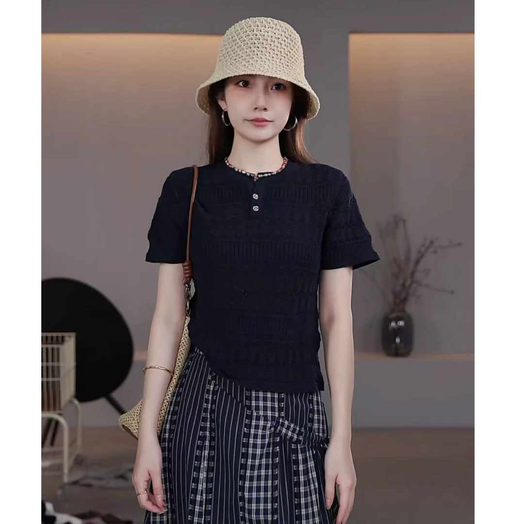 【LIbaibai】夏装2025年新款薄款短袖针织上衣BB-2528