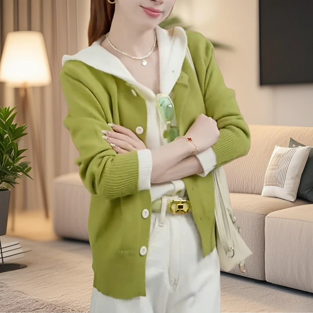 假两件拼接连帽长袖针织开衫女2025春秋新款时尚撞色减龄ins上衣