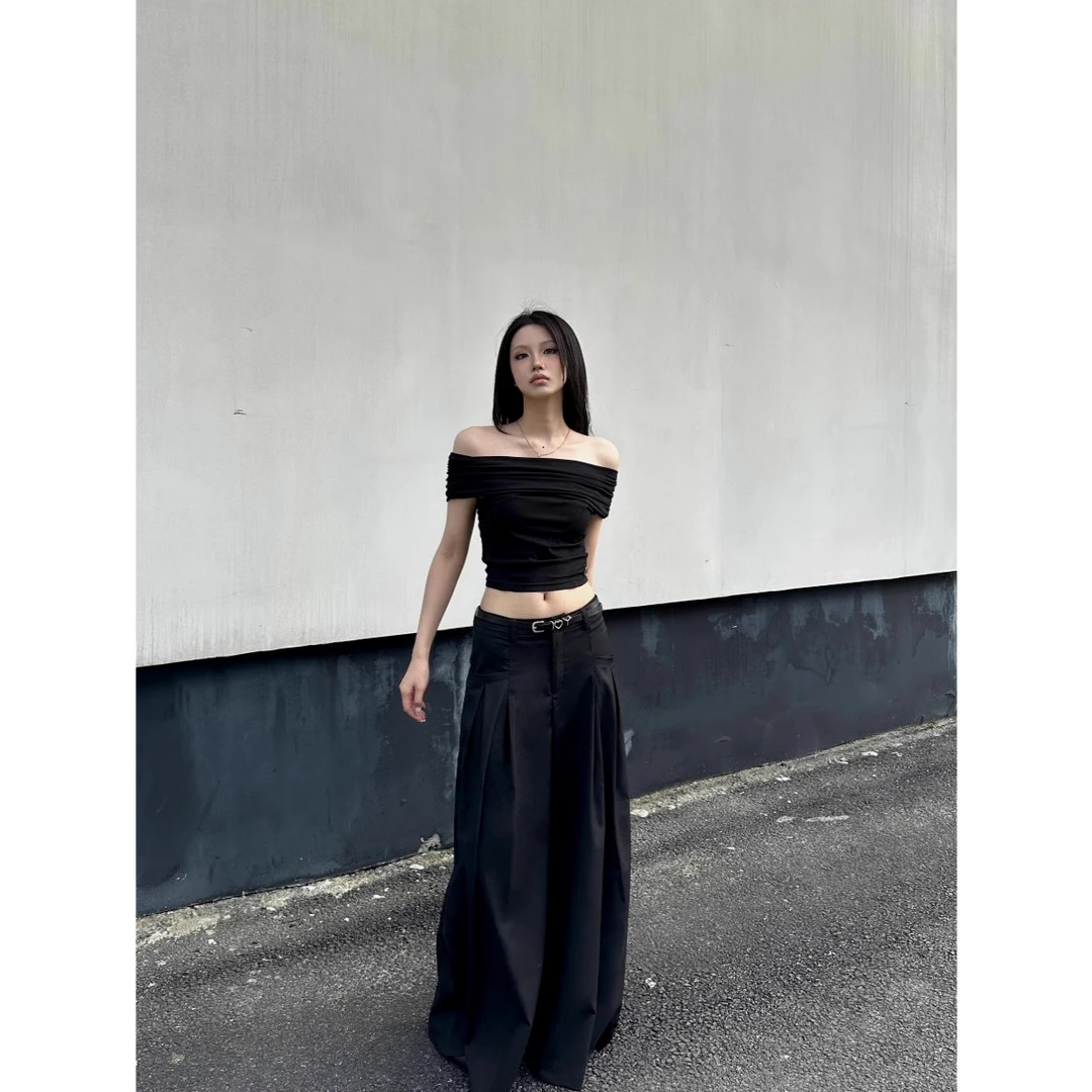 美式性感一字领露肩短袖t恤女夏季2025新款黑色修身显瘦短款上衣