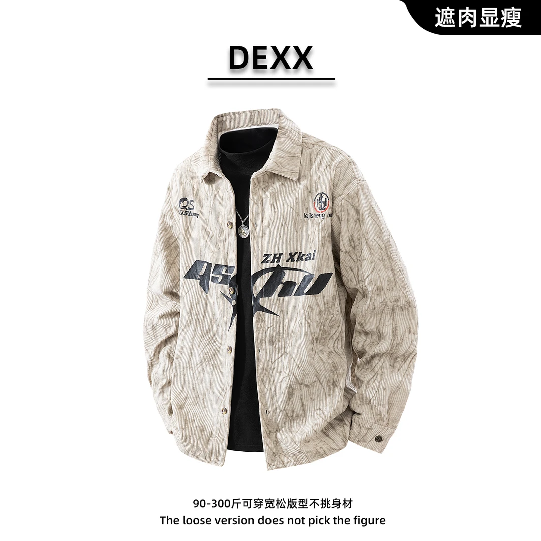 复古时尚大码夹克做旧纹理字母印花外套潮流高街灯芯绒休闲上衣