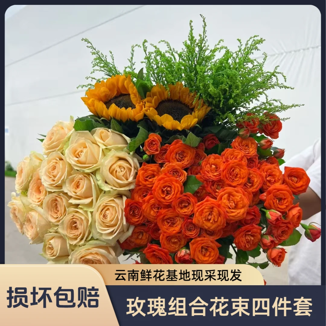 【香槟10支+橙色芭比10支+向日葵2支+黄莺】鲜花两单升顺丰送货上门