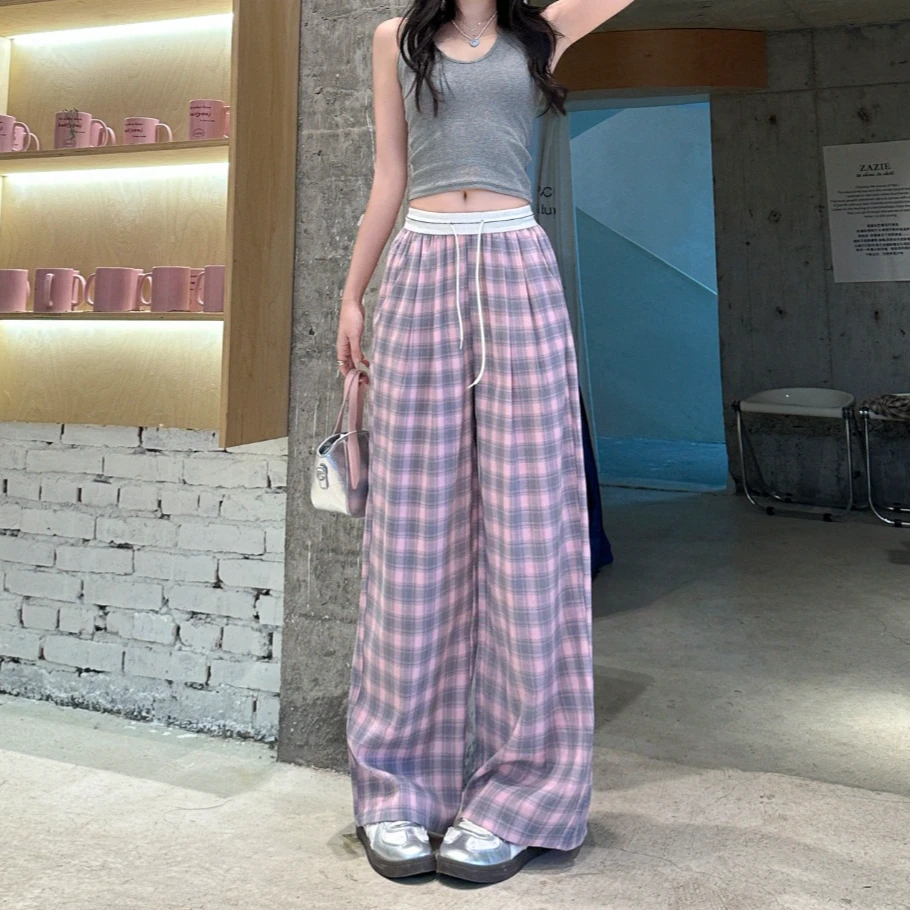 MOTIE/末帖2025春季新款高腰垂感格子休闲阔腿裤慵懒百搭款