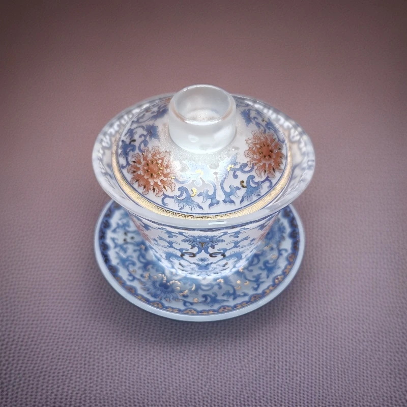 青花釉里红缠枝莲磨砂琉璃盖碗 666