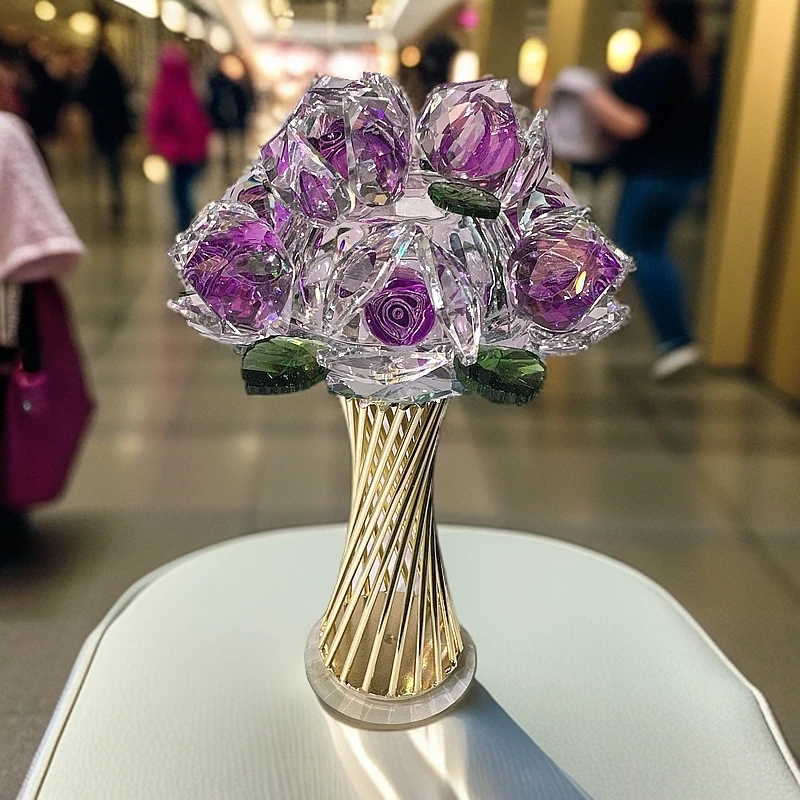 旋转手捧花紫色摆件客厅高档彩色花瓶摆设生日礼物工艺品