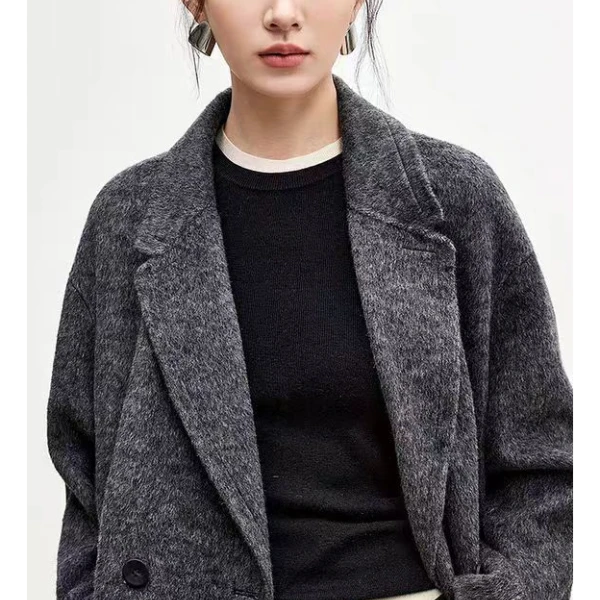秋冬西装领常规款女保暖毛呢外套设计师灰色休闲百搭宽松加厚8567