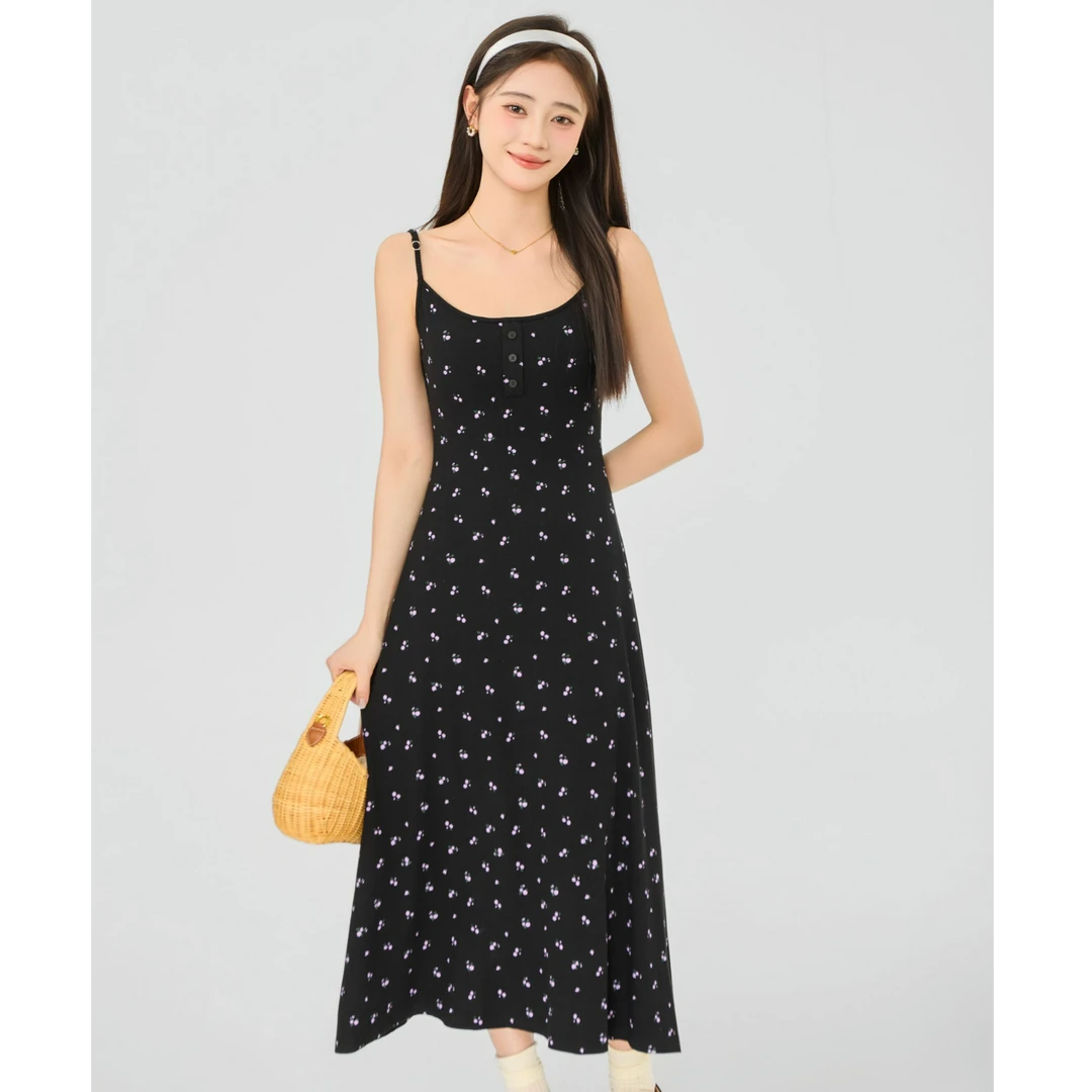 慕兔韩系百搭款黑色吊带碎花长裙2025夏季新款女显瘦别致吊带长裙