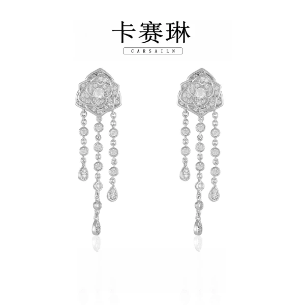 卡赛琳carsailn/ 镀K金 925银针 CNC精工 玫瑰花流苏耳钉 2857