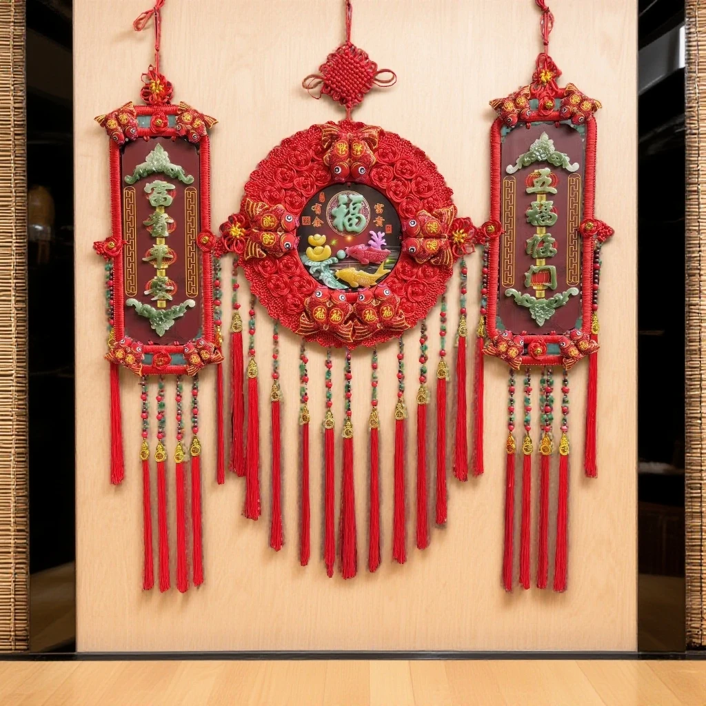 【太阳花朱砂桃木玉雕三件套中国结】乔迁婚庆新年家居装饰喜庆挂件