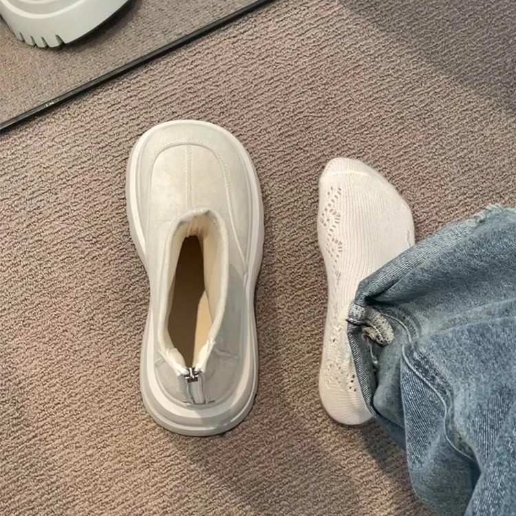 白色厚底弹力瘦瘦靴女2025年秋季小个子增高粗跟后拉链短筒时装靴