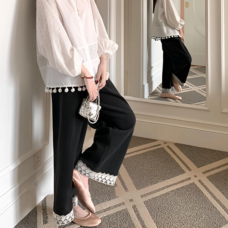 朵儿定制【心动赴约】设计感蕾丝花边阔腿裤IM02