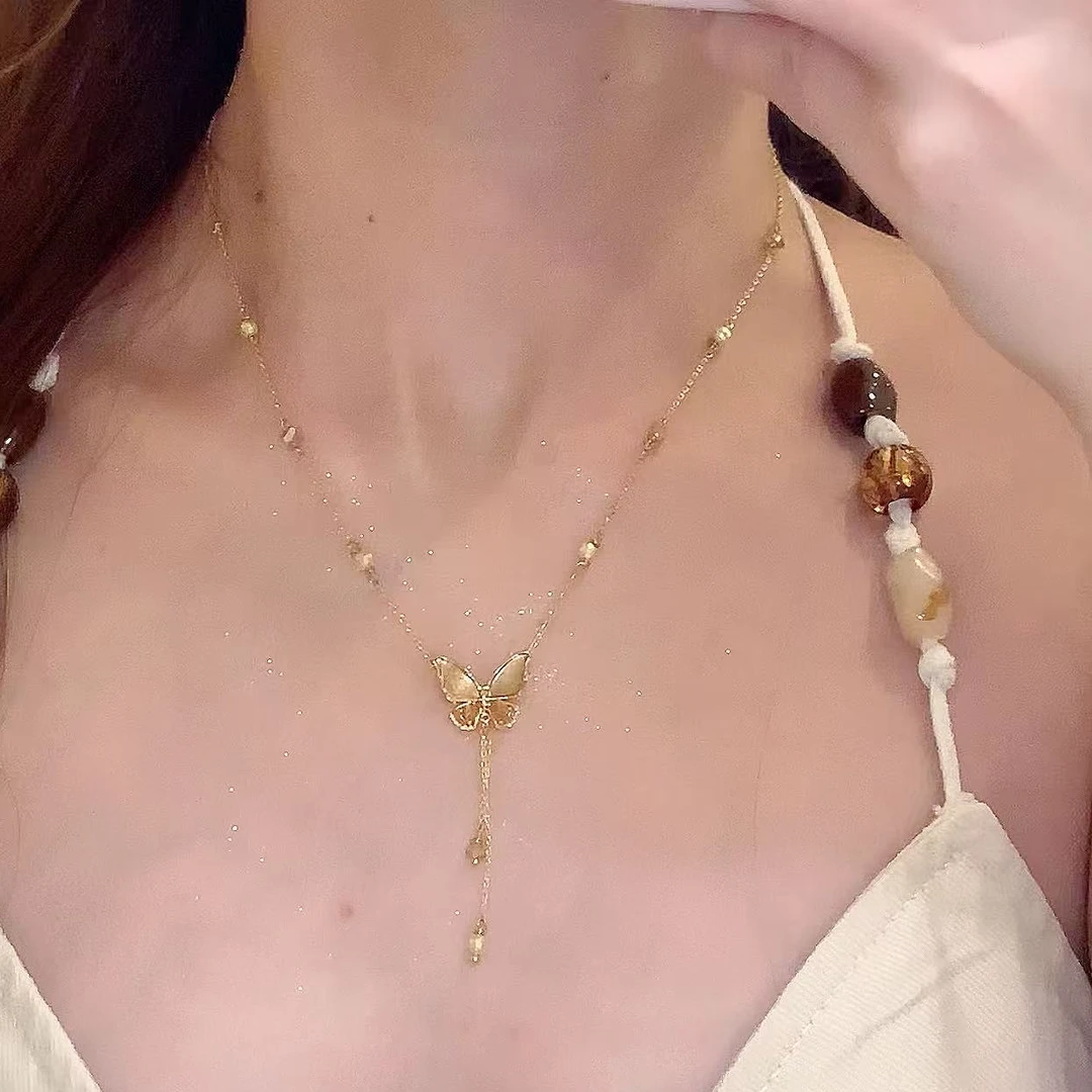 铜合金锆石项链 秋冬轻奢闪锆蝴蝶流苏项链女气质百搭颈链毛衣链