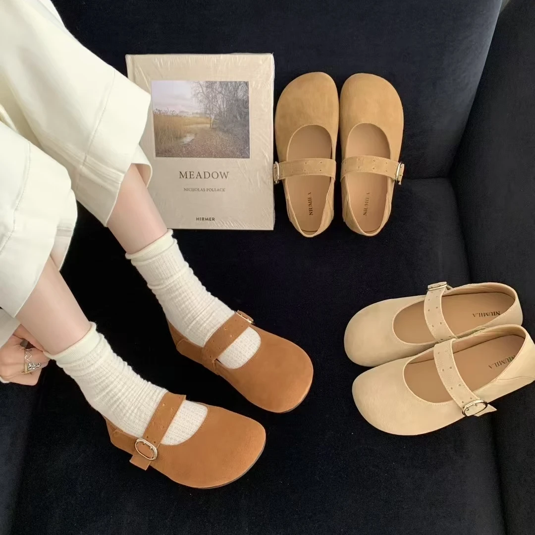 纯色复古浅口平底韩版一脚蹬单鞋时尚温柔沙丘废土风磨砂皮土豆鞋