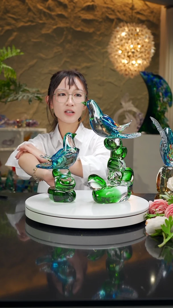 手工艺品琉璃用****2宝石蓝小鸟摆件一对