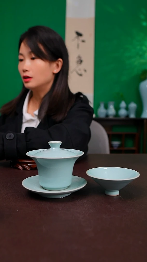 天青臻稀支钉敞口马蹄盖碗带斗笠杯不完美