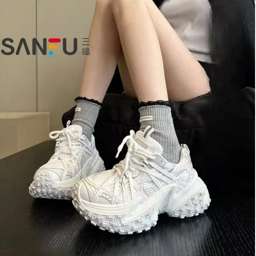 三福小众ins欧货厚底增高老爹鞋女2025轮胎鞋白色绑带运动休闲鞋
