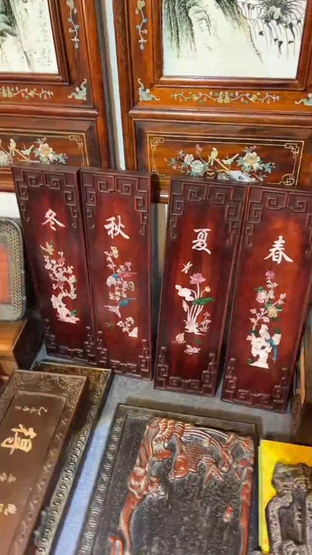 非洲紫檀（红花梨）50x58cm四条屏春夏秋冬