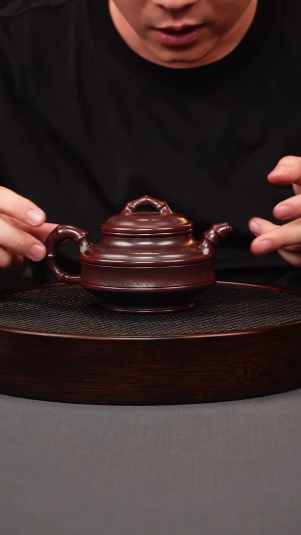 茶壶紫砂古红泥双线竹鼓