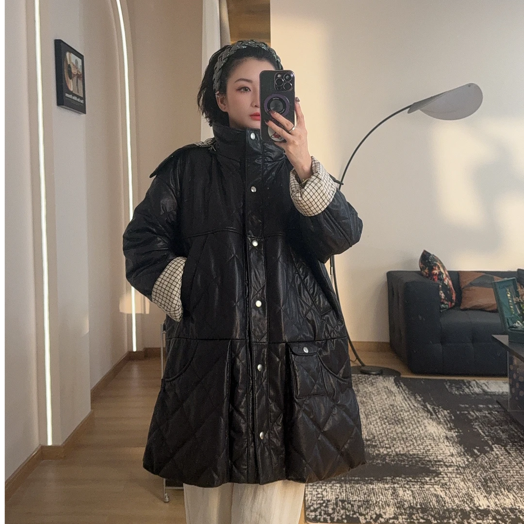QISHI 土耳其全植鞣头层绵羊皮连帽菱形绗线风衣外套女内里桑蚕丝