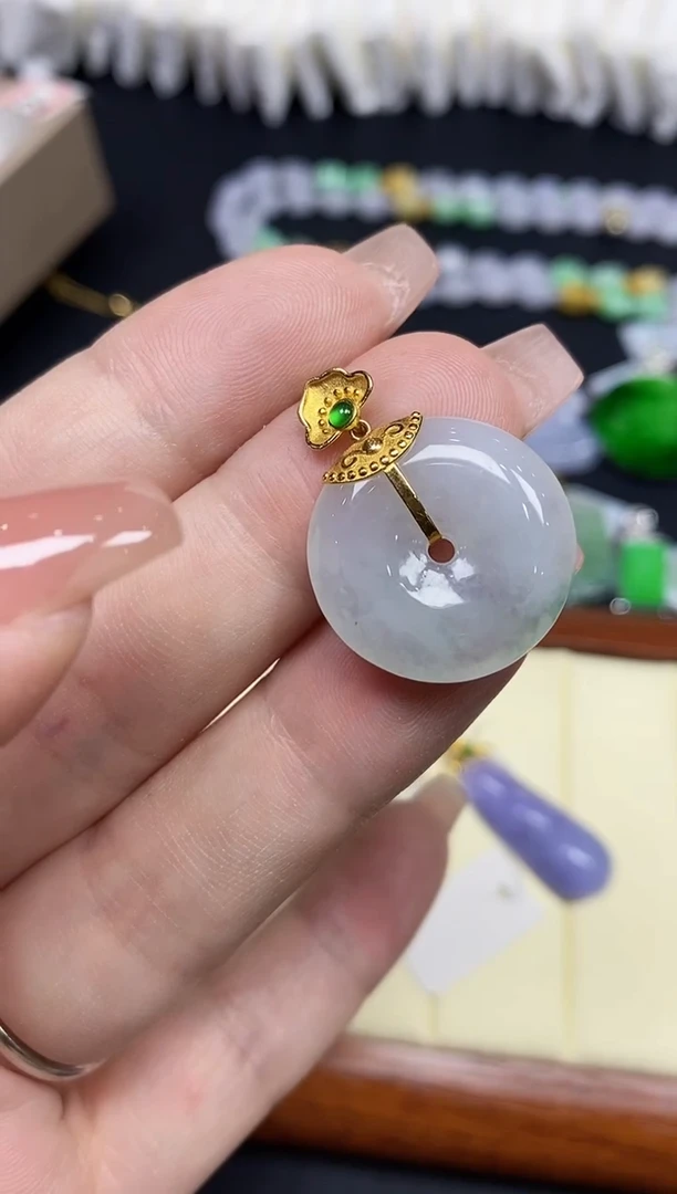 吊坠(不含链)18K金镶嵌翡翠平安扣18K金扣镶嵌@@CMT1238-3