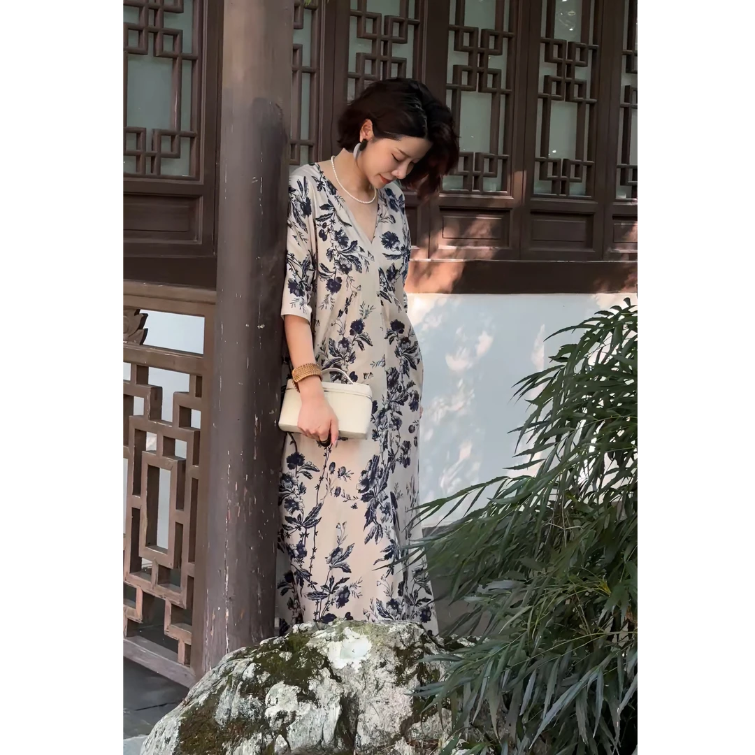 WENDU 2025夏新款连衣裙 铜氨人丝 青花瓷3190585-1