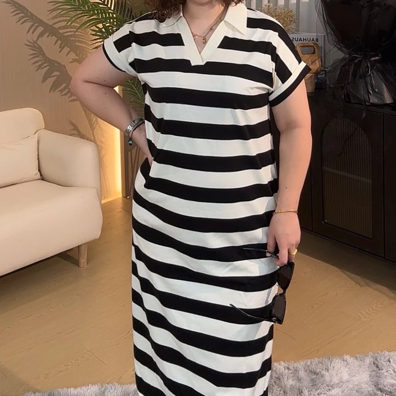 【清仓福利-拼手】款时尚休闲条纹连衣裙大码女装7D025