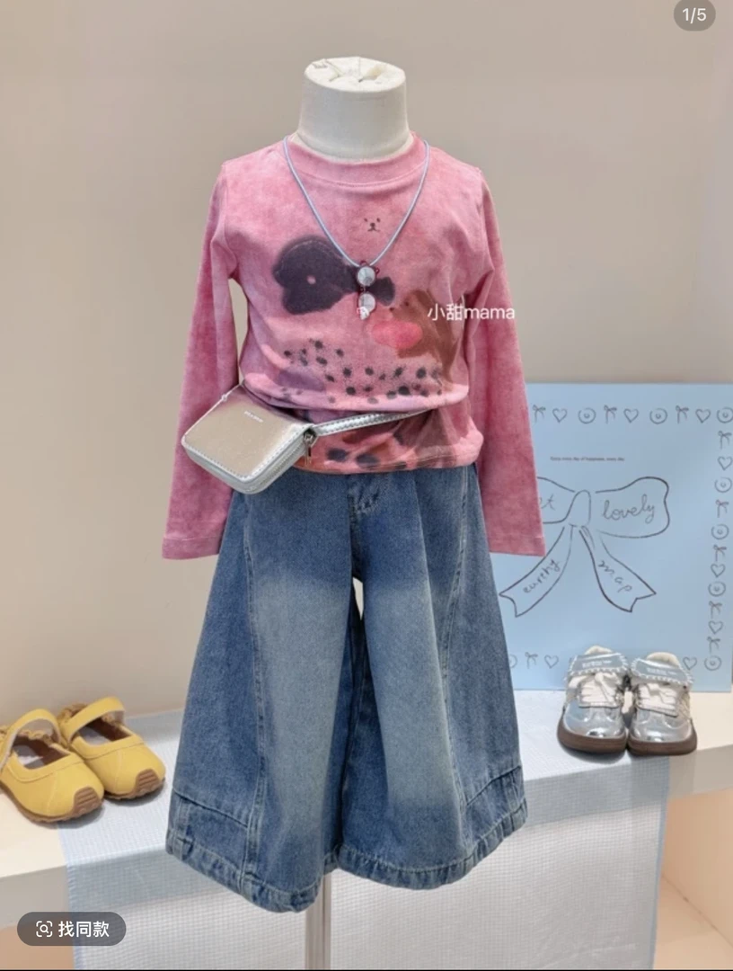 女童秋装卡通长袖T恤牛仔裤套装女宝洋气韩系印花上衣裤子两件套