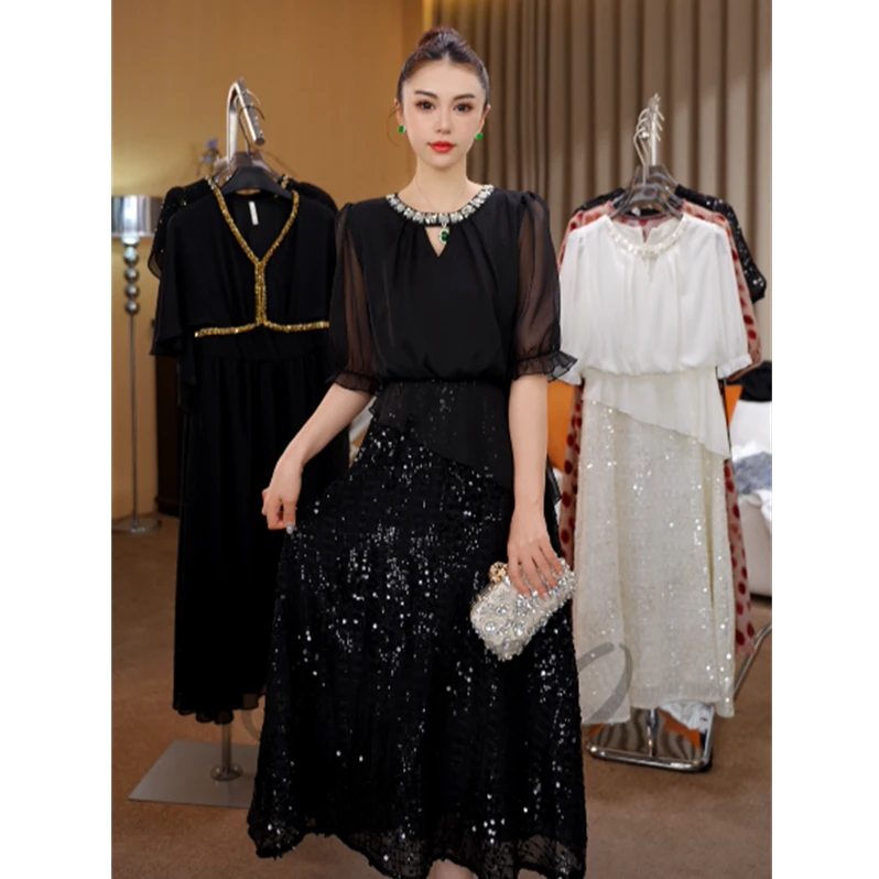 水晶之恋 G6223黑色短袖宴会连衣裙女2025新款夏季大方得体的裙子