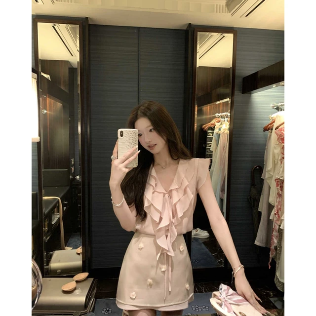 法式V领雪纺无袖绝美气质宽松显瘦衬衫高腰a字半身裙两件套女夏季