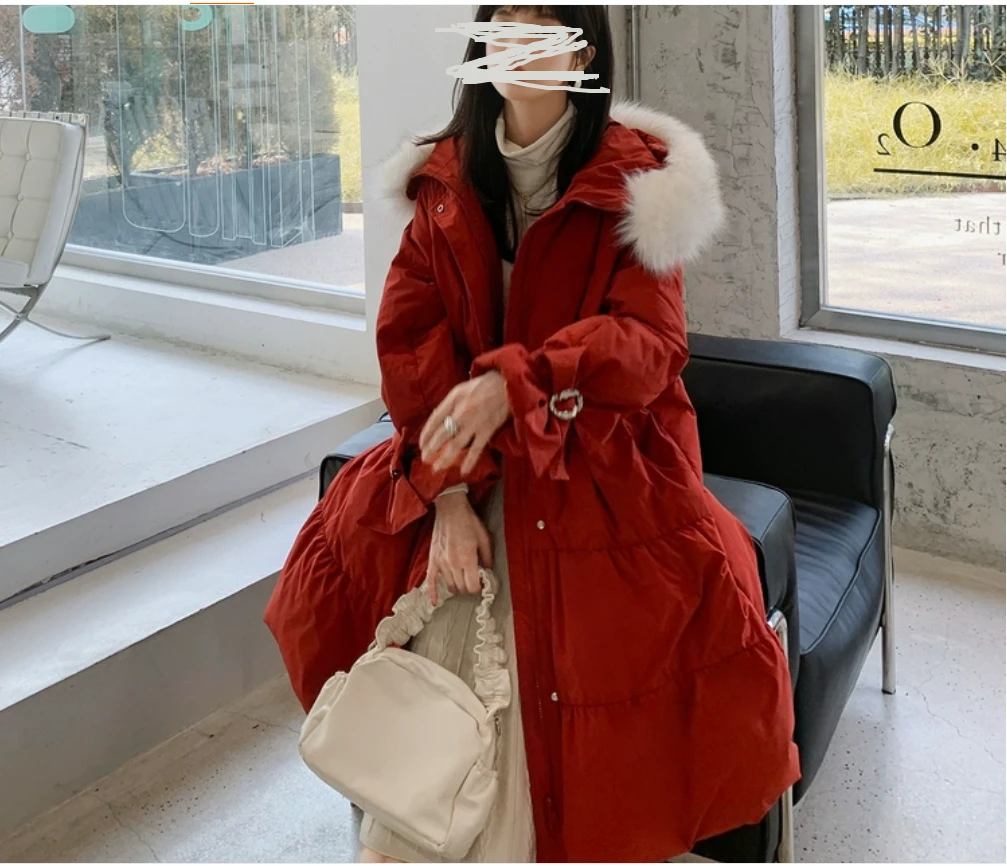 【无毛领】高级感超好看红色中长款**/-绒/服女冬新款白鸭/绒外套