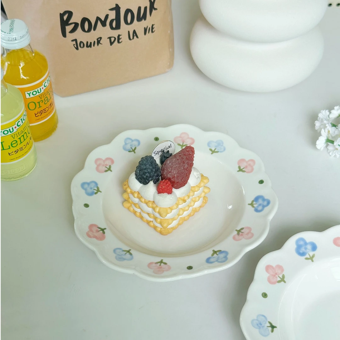 日式ins风小清新手绘粉蓝木棉花7.5寸陶瓷花边草帽盘深汤盘意面盘