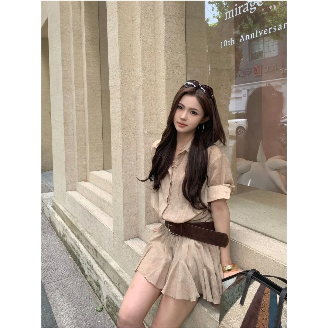 夏季新款女衬衫连衣裙衬衫百褶时尚法式高腰小众设计感显瘦复古裙