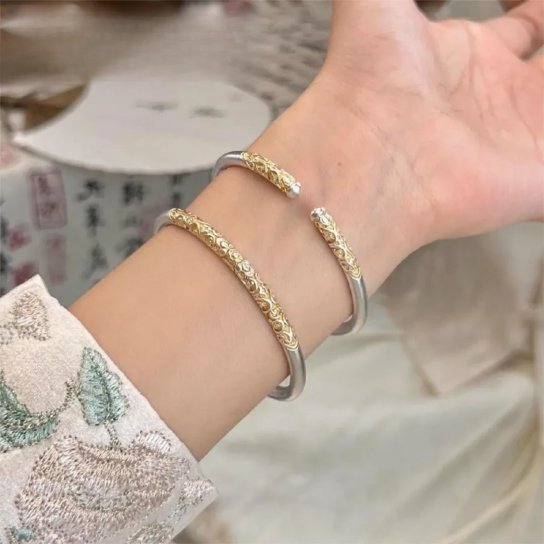 足银手镯 999纯银古法描金唐草纹实心如意金箍棒手镯送女友情人节
