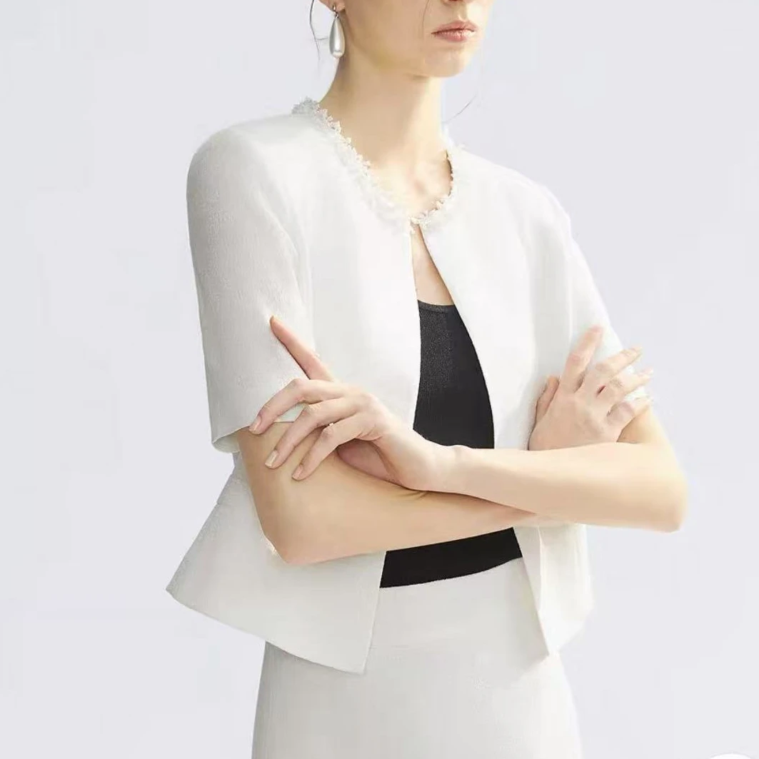 L家夏季镶钻圆领小香风短外套法式优雅通勤风短袖上衣正装