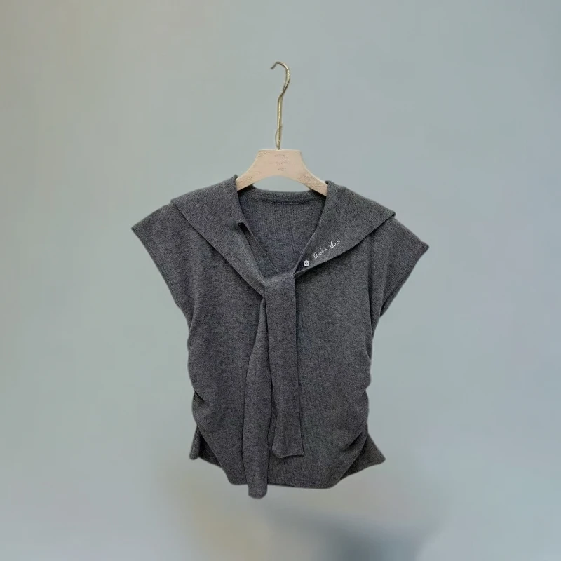 3047海军领不规则针织上衣女装气质显瘦时尚无袖上衣