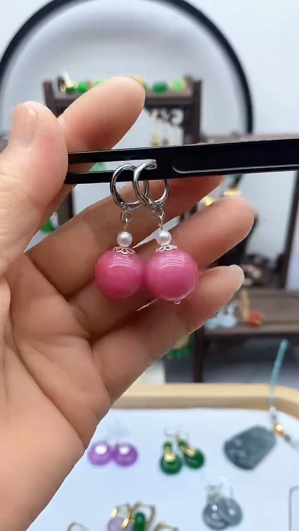 菱锰矿（红纹石）银S925镶嵌耳饰175