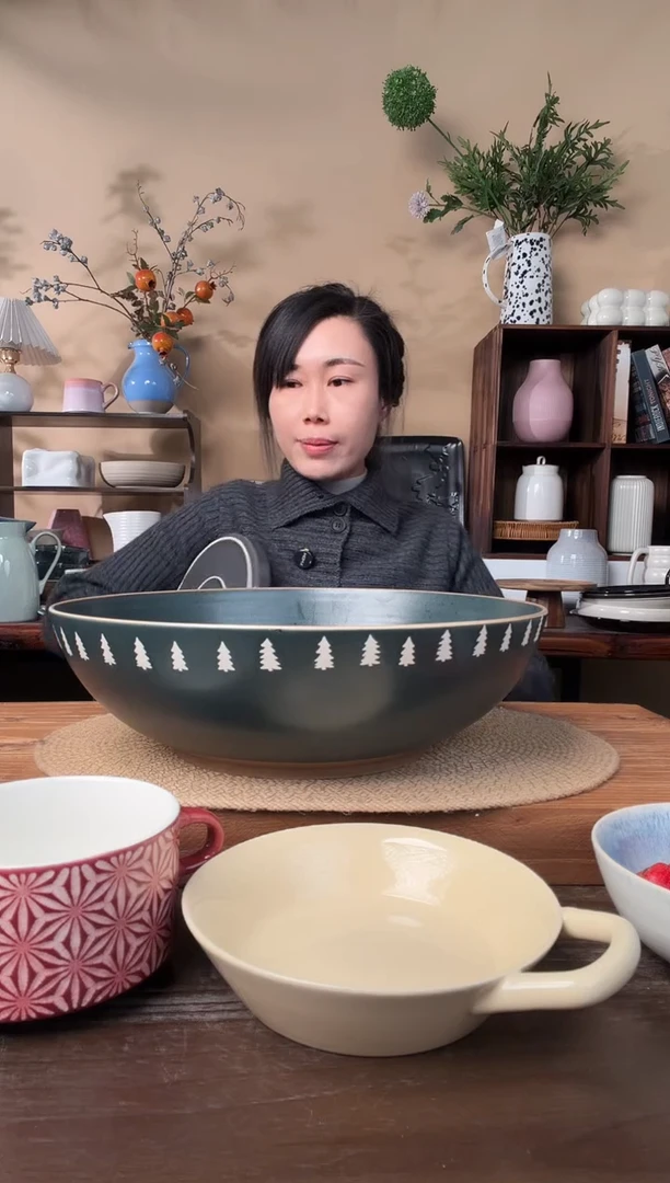 12.8英寸墨绿麻点小树大汤碗微瑕