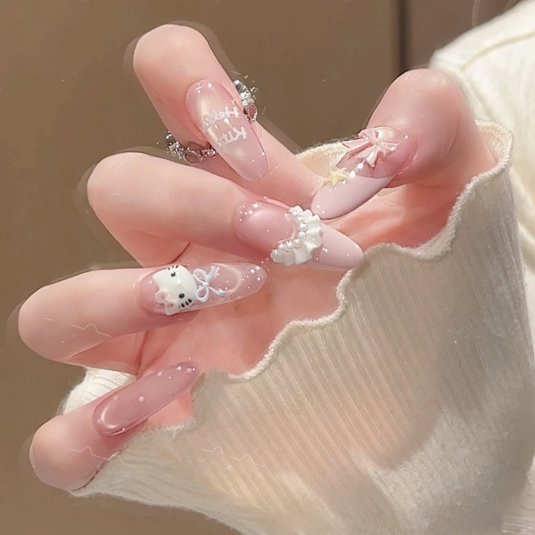 【凯蒂猫】法式优雅闪钻凯蒂猫蝴蝶结风格手工穿戴甲显白美甲贴片