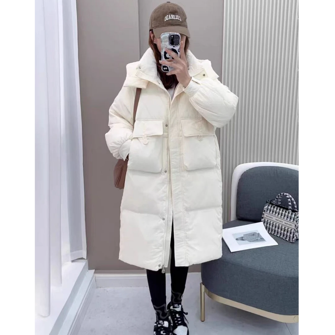 2023冬季中长款半粒扣过膝韩版时尚宽松加厚连帽鸭绒气质网红休闲