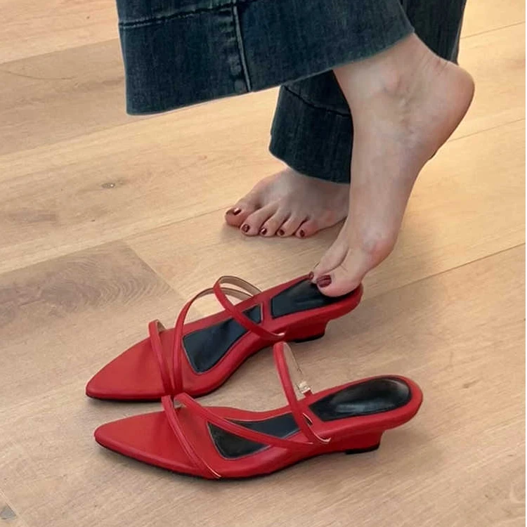 DPX-K098-2尖头一字带气质坡跟凉鞋女法式复古外穿2025年夏季拖鞋