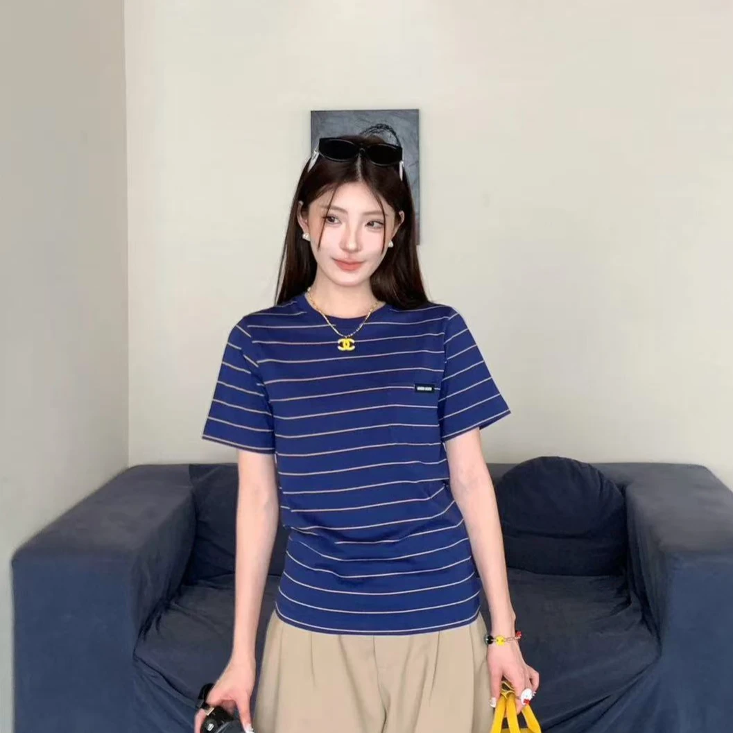 99新 MIU MIU/缪缪 Miu Miu蓝色小字母条纹短袖T恤 xs码