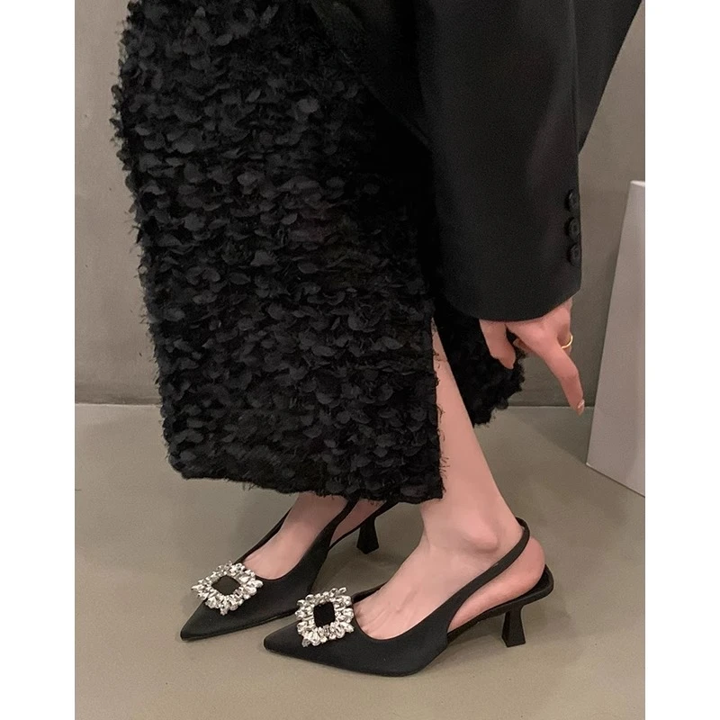 meichen/美晨细跟高跟女法式水钻方扣气质单鞋包头凉鞋女夏配裙子