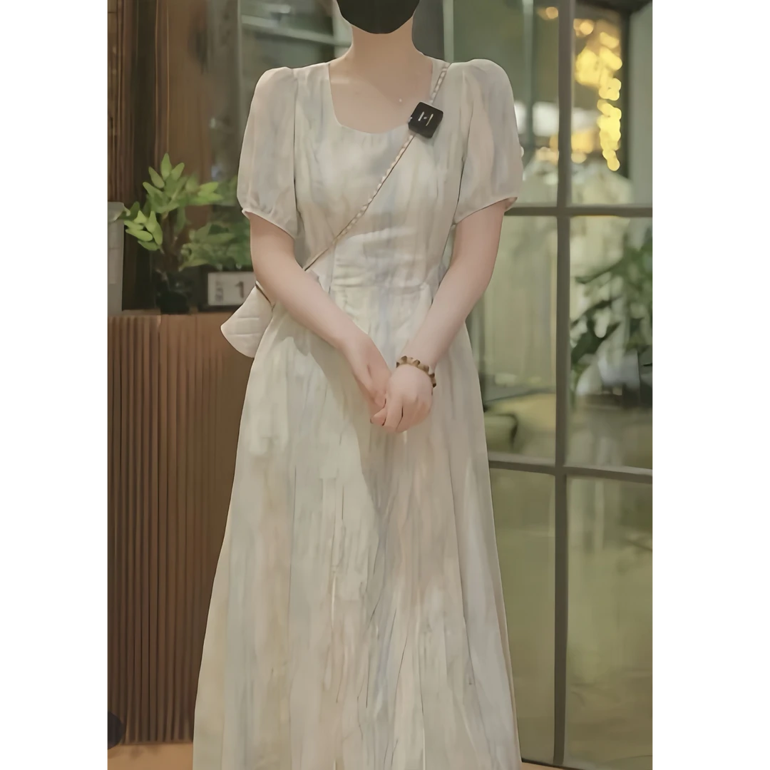 【全清】夏季新款方领晕染系时尚显瘦温柔连衣裙